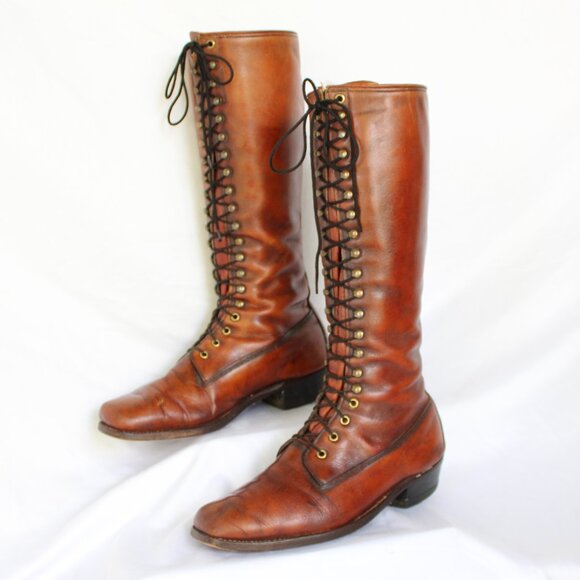 Vintage Frye Brown Leather Lace-up Equestrian Riding campus Black label Boots - Picture 3 of 12